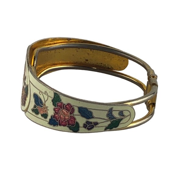 Vintage Cloisonne Hinged Bracelet Roses Butterflies Floral - Picture 3 of 6